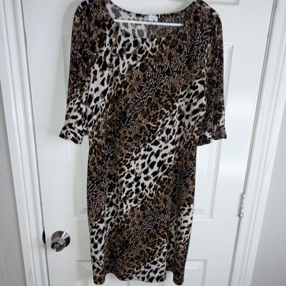 Olivia Matthews XL Brown Black White Leopard Shift Dress Round Neck 3/4 Knee